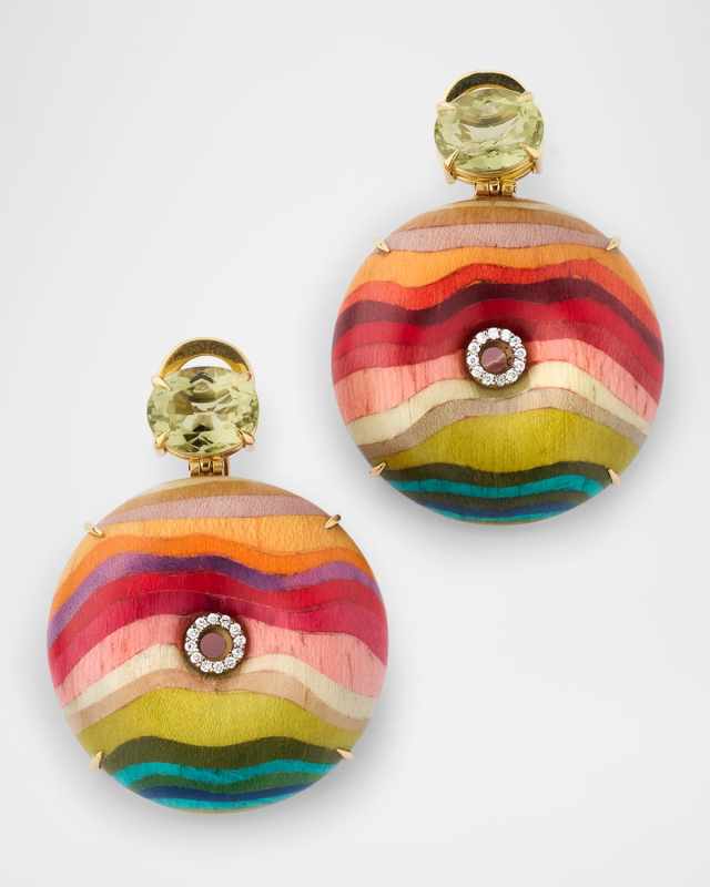 Rainbow Print Round Marquetry Earrings with Diamonds and Citrine